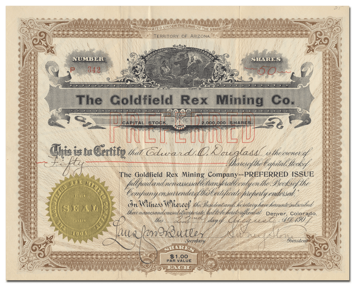 Goldfield Rex Mining Company Stock Certificate