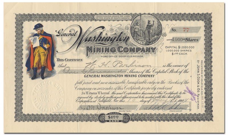 General Washington Mining Company Stock Certificate