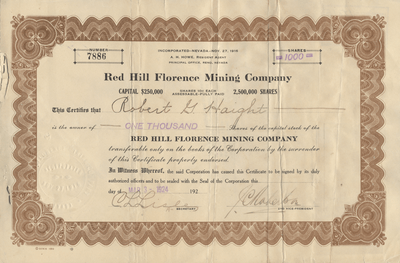 Red Hill Florence Mining Company Stock Certificate