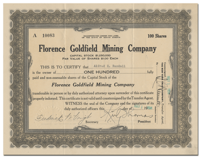 Florence Goldfield Mining Company Stock Certificate