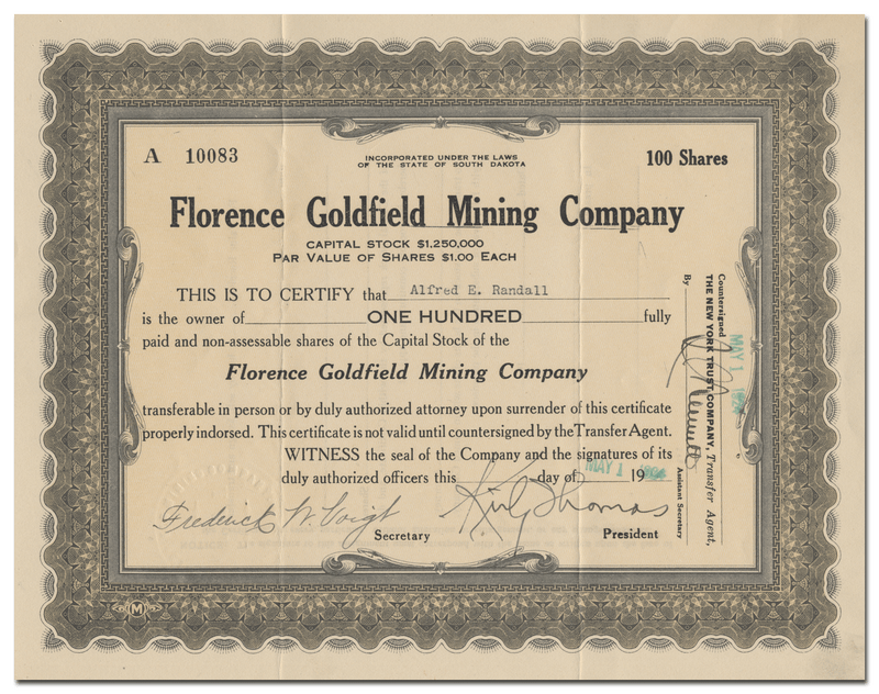 Florence Goldfield Mining Company Stock Certificate