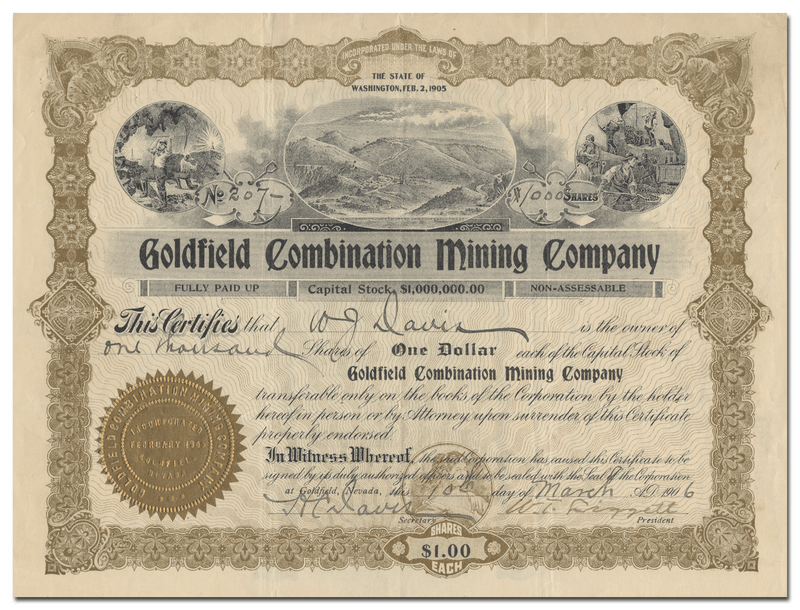 Goldfield Combination Mining Company Stock Certificate