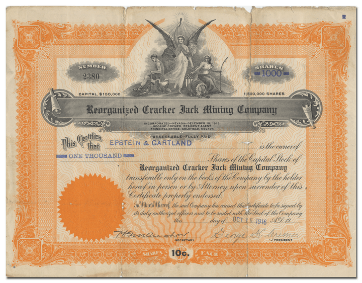 Reorganized Cracker Jack Mining Company Stock Certificate