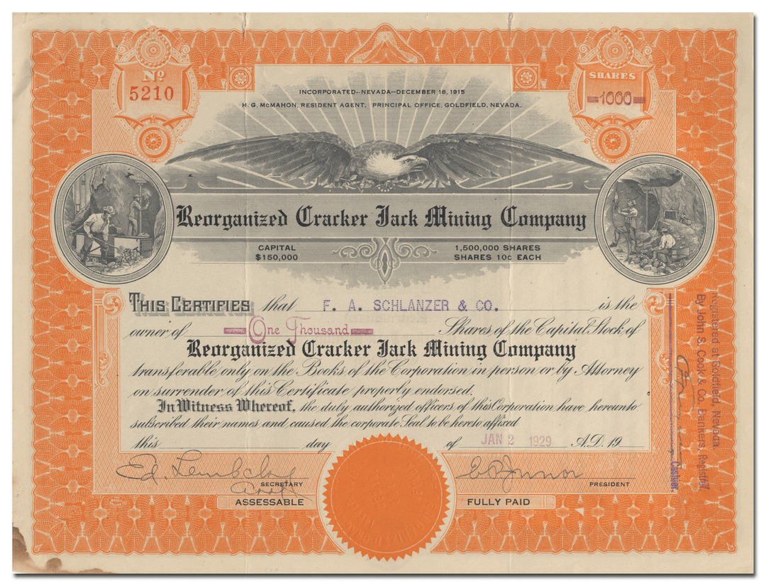 Reorganized Cracker Jack Mining Company Stock Certificate