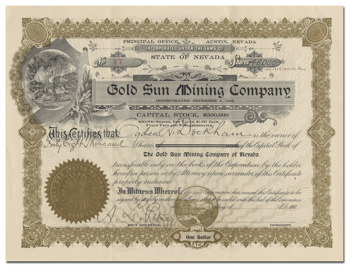 Gold Sun Mining Company Stock Certificate