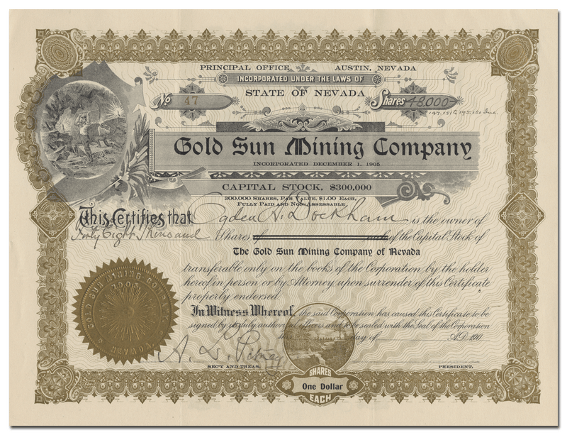 Gold Sun Mining Company Stock Certificate