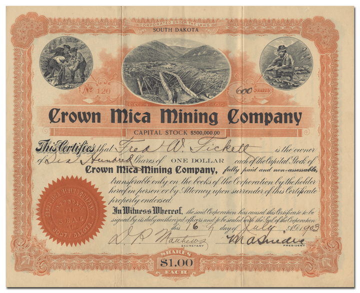 Crown Mica Mining Company Stock Certificate