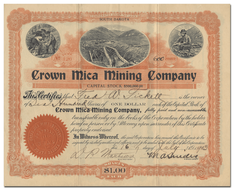 Crown Mica Mining Company Stock Certificate