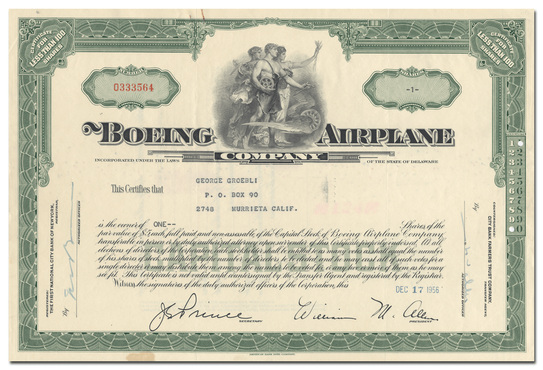 Boeing Airplane Company Stock Certificate