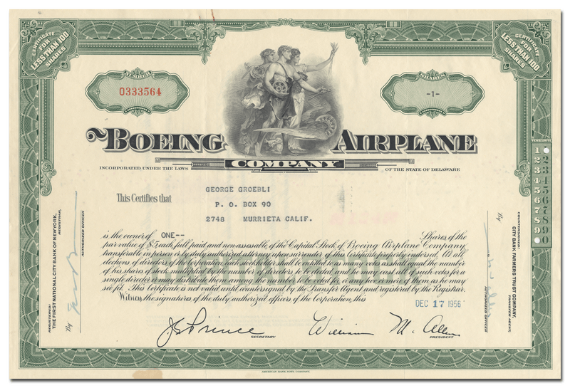 Boeing Airplane Company Stock Certificate