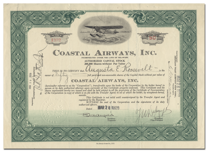 Coastal Airways, Inc. Stock Certificate