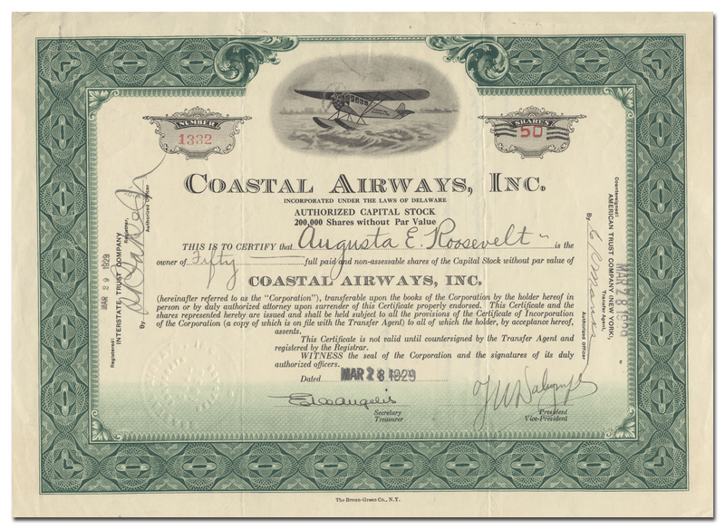 Coastal Airways, Inc. Stock Certificate