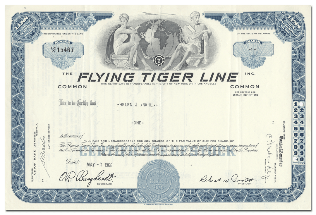 Flying Tiger Line Inc. Stock Certificate