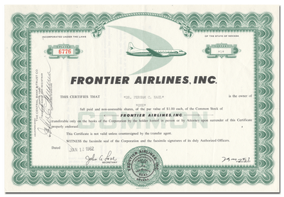 Frontier Airlines, Inc. Stock Certificate