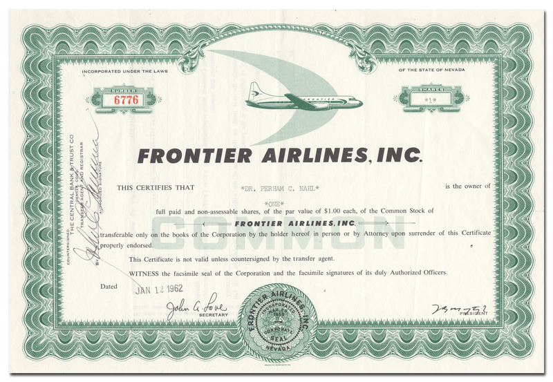 Frontier Airlines, Inc. Stock Certificate