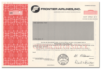 Frontier Airlines, Inc. Specimen Stock Certificate