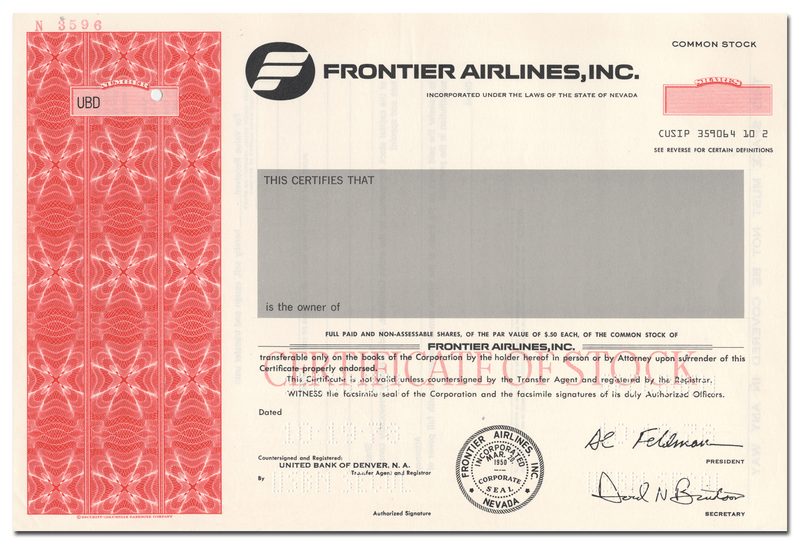 Frontier Airlines, Inc. Specimen Stock Certificate