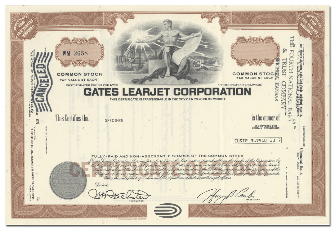 Gates Learjet Corporation Specimen Stock Certificate