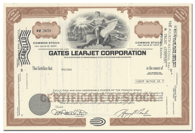 Gates Learjet Corporation Specimen Stock Certificate