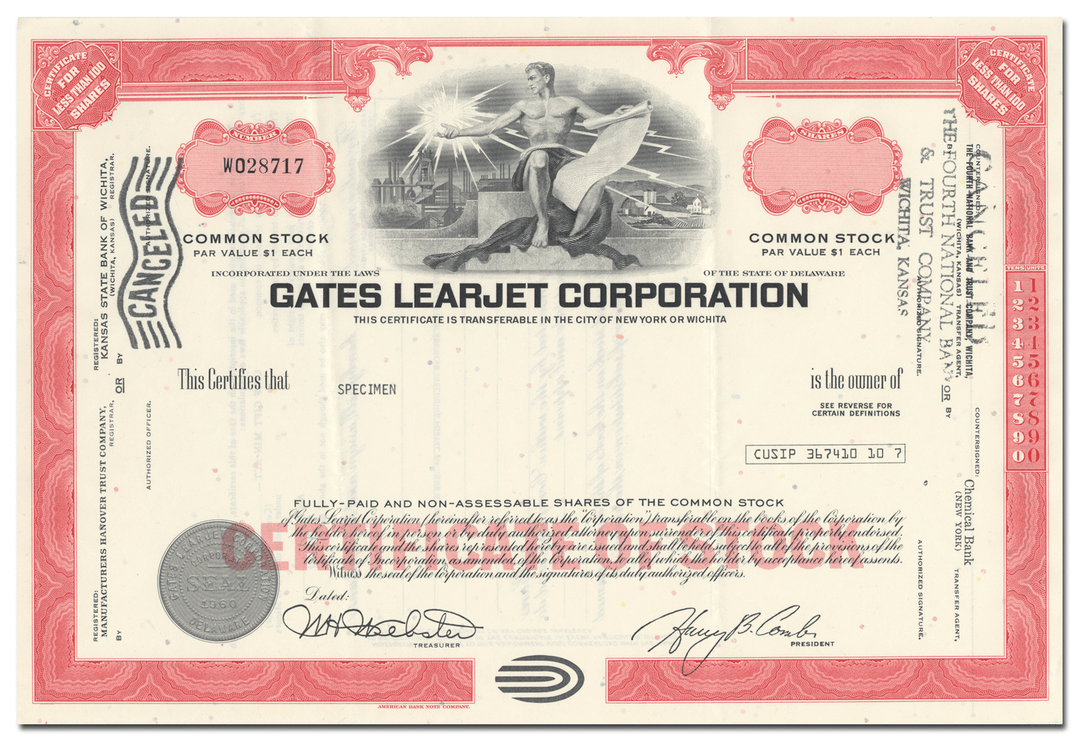 Gates Learjet Corporation Specimen Stock Certificate