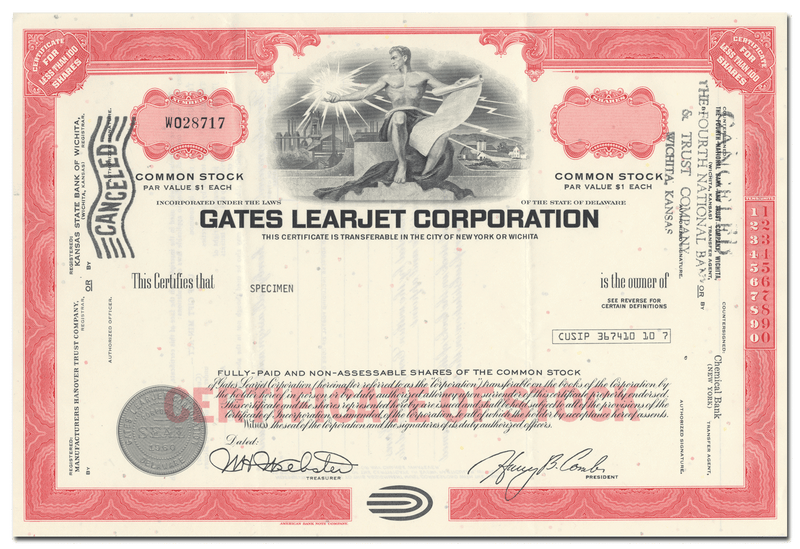 Gates Learjet Corporation Specimen Stock Certificate