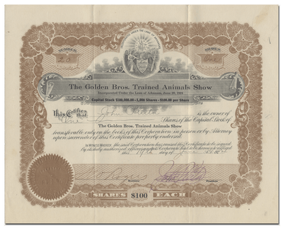 Golden Bros. Trained Animal Show Stock Certificate