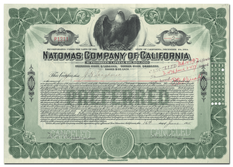 Natomas Company of California Stock Certificate