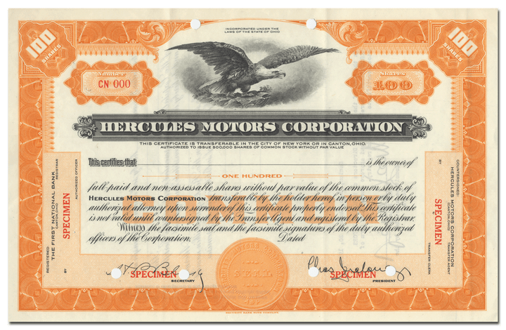 Hercules Motors Corporation Specimen Stock Certificate