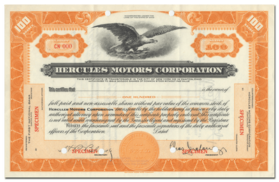 Hercules Motors Corporation Specimen Stock Certificate