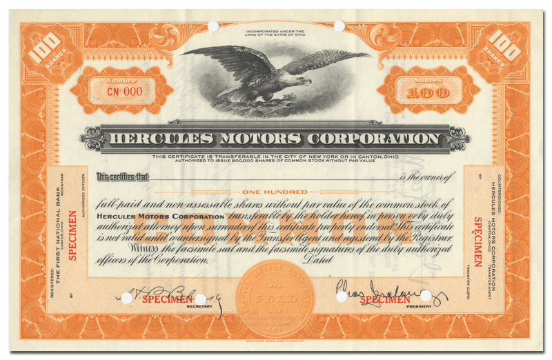Hercules Motors Corporation Specimen Stock Certificate