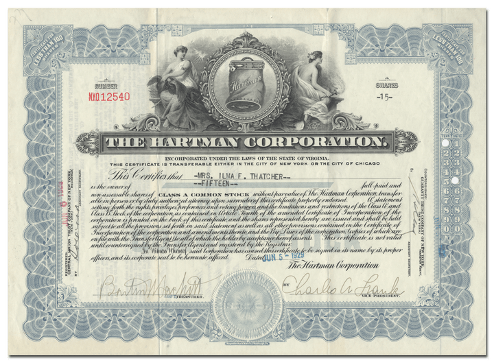 Hartman Corporation Stock Certificate