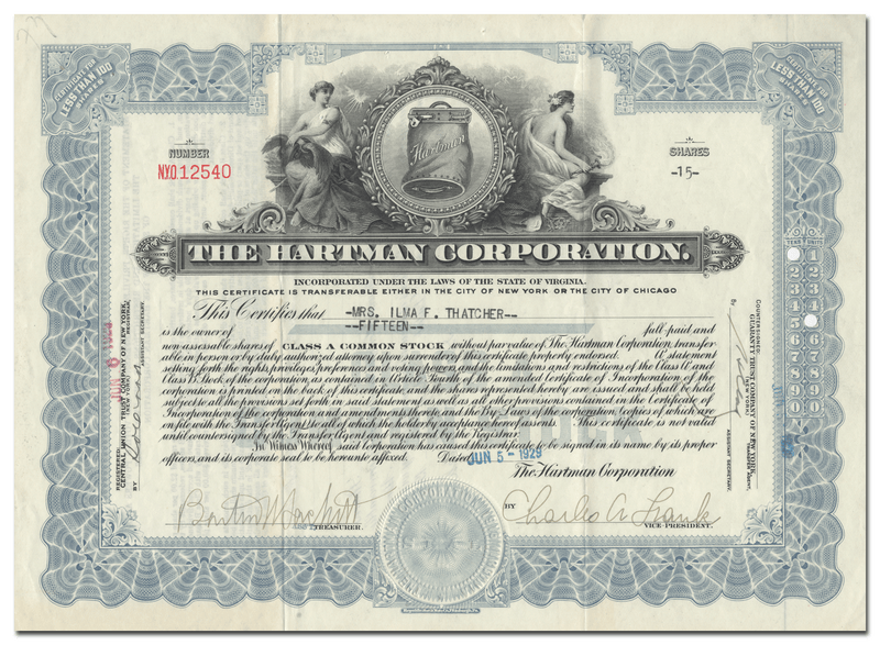 Hartman Corporation Stock Certificate
