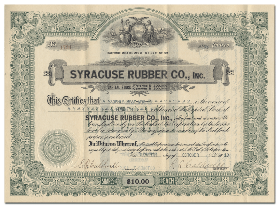 Syracuse Rubber Co., Inc. Stock Certificate