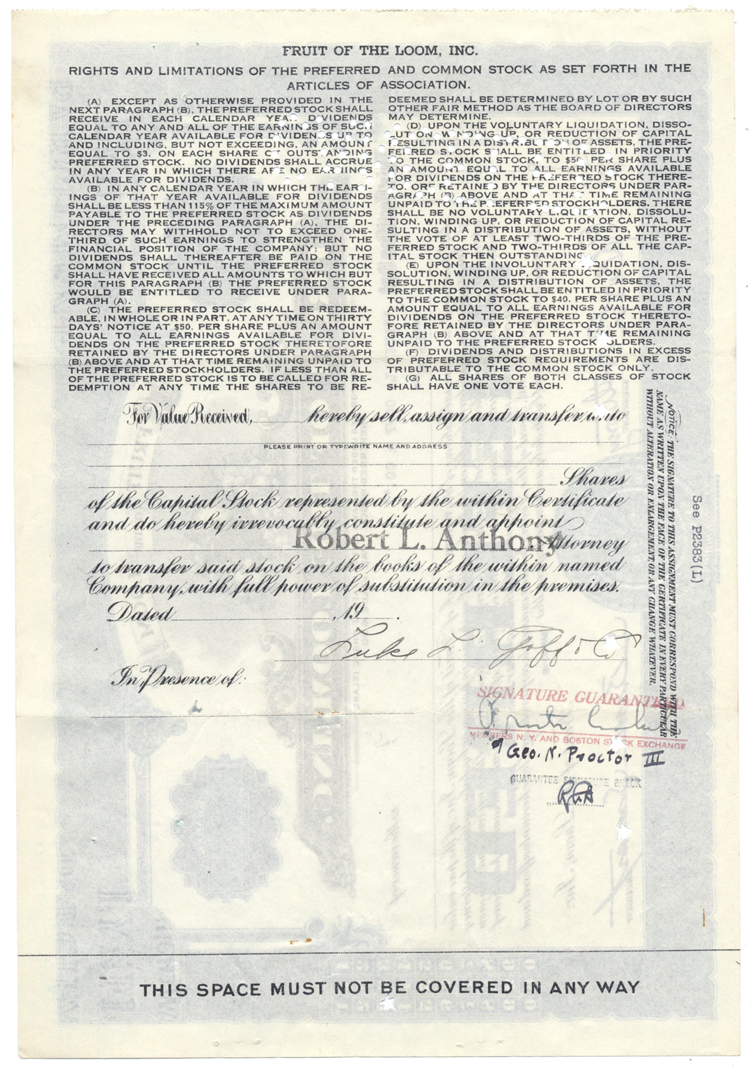 Fruit of the Loom, Inc. Stock Certificate