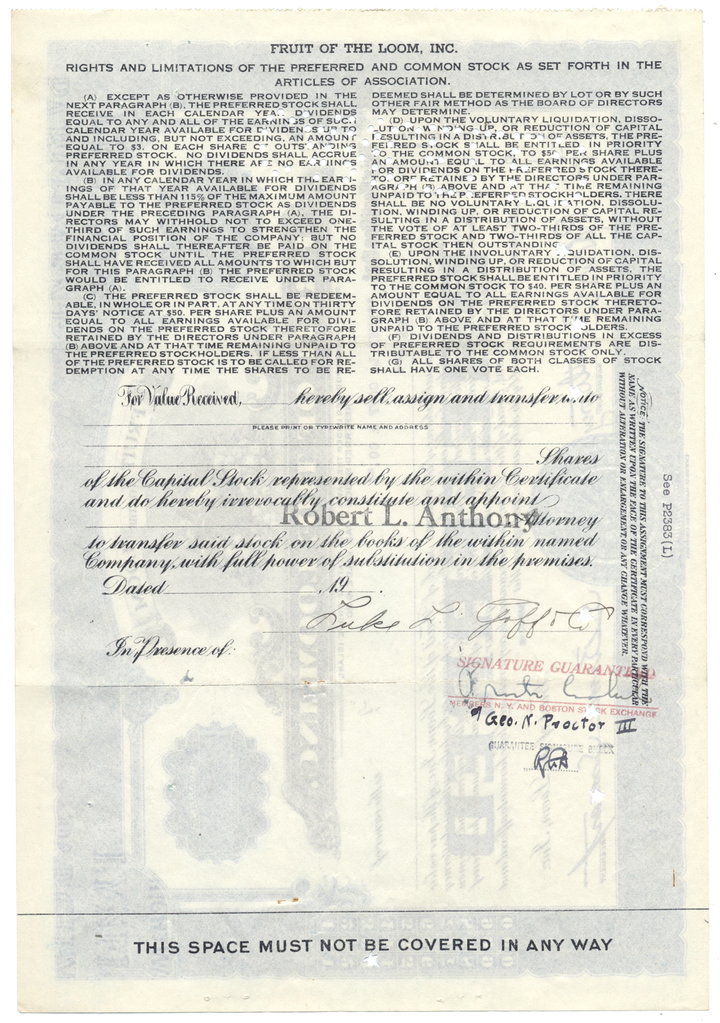 Fruit of the Loom, Inc. Stock Certificate