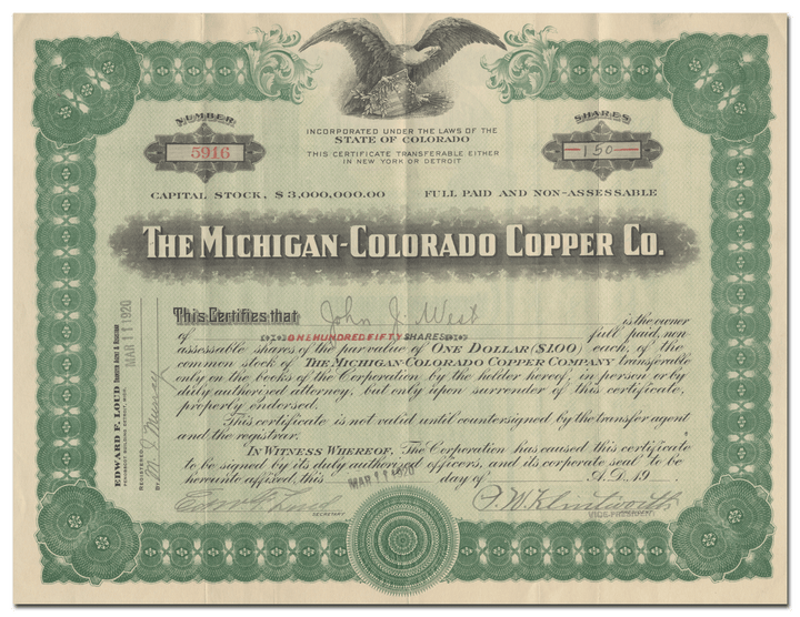 Michigan-Colorado Copper Company Stock Certificate