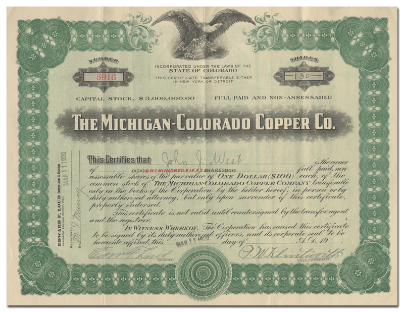 Michigan-Colorado Copper Company Stock Certificate