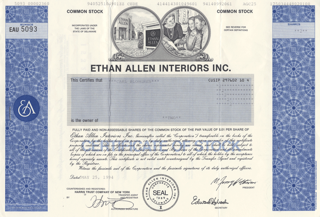 Ethan Allen Interiors, Inc. Stock Certificate