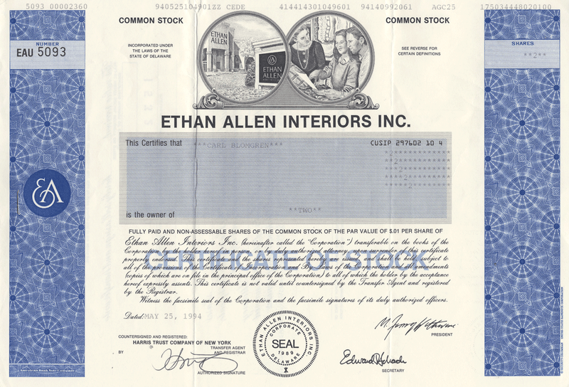 Ethan Allen Interiors, Inc. Stock Certificate