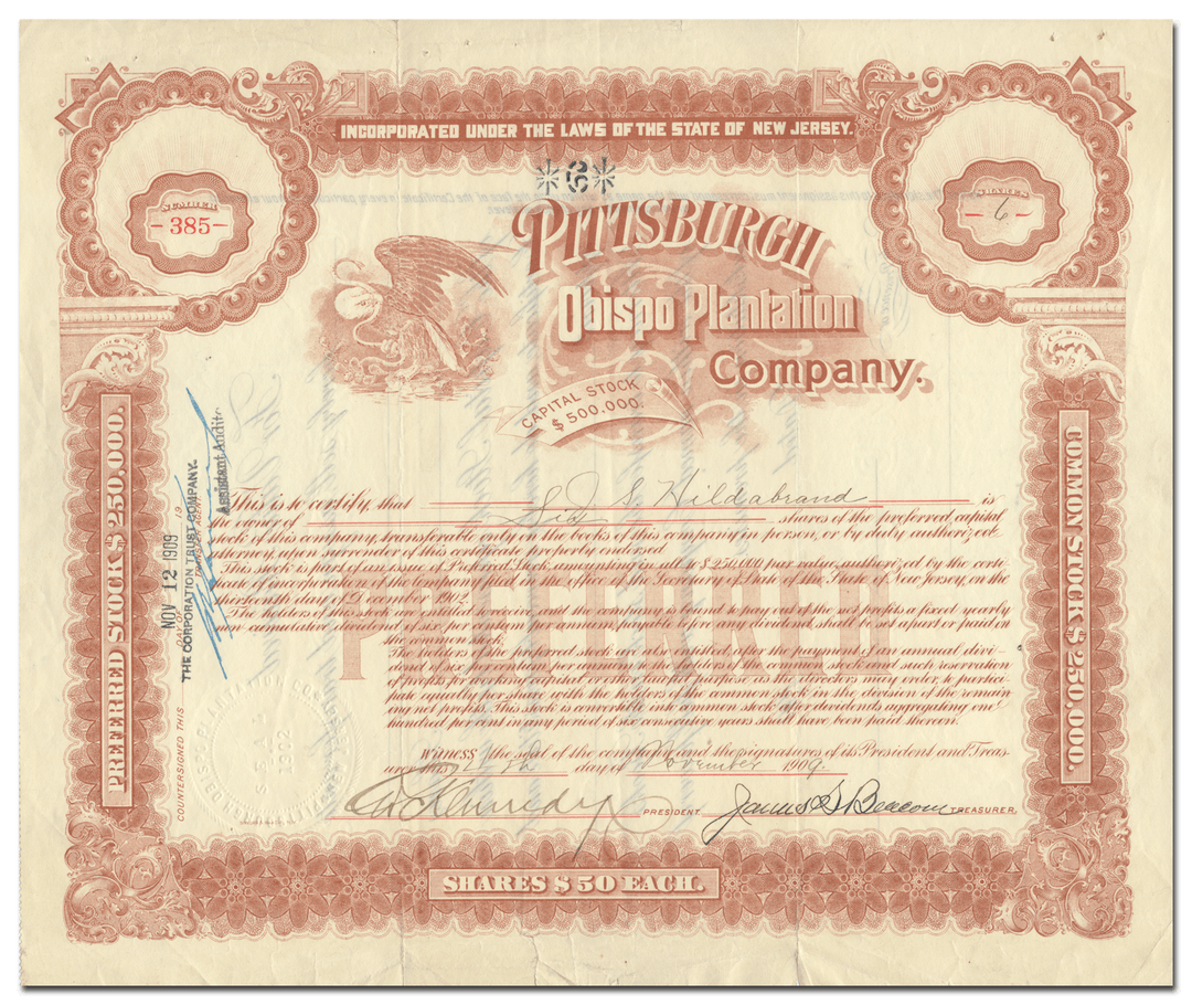 Pittsburgh Obispo Plantation Company Stock Certificate