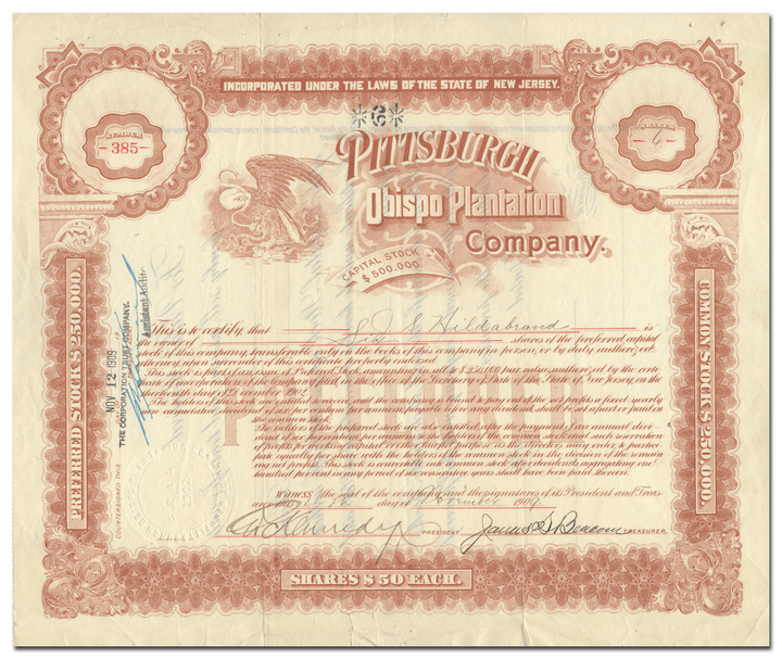 Pittsburgh Obispo Plantation Company Stock Certificate