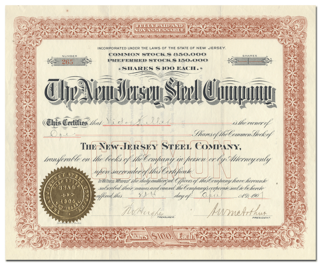 New Jersey Steel Company Stock Certificate