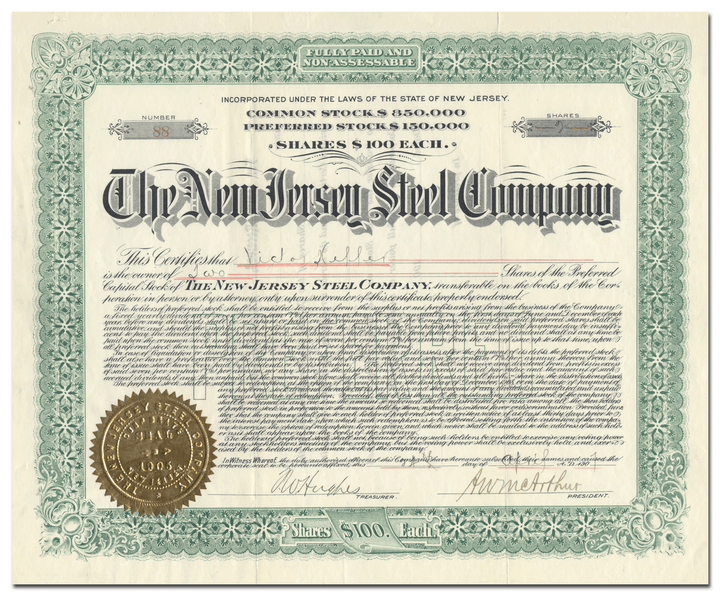 New Jersey Steel Company Stock Certificate