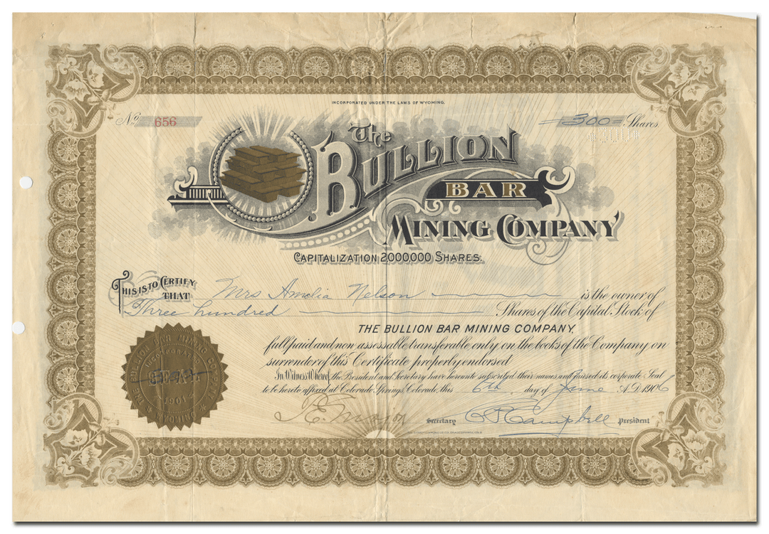 Bullion Bar Gold Mining Company Stock Certificate