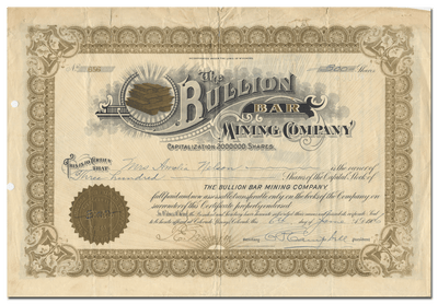 Bullion Bar Gold Mining Company Stock Certificate