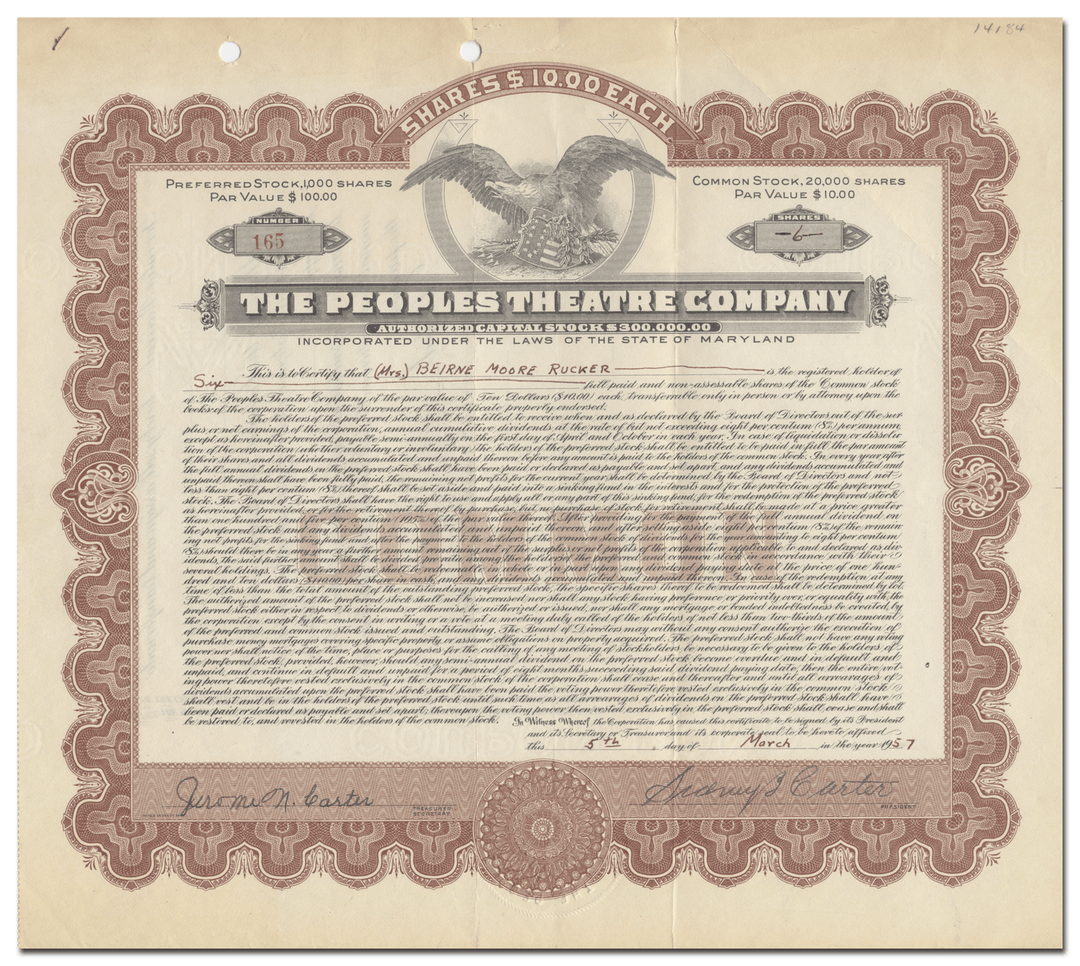 Peoples Theatre Company Stock Certificate