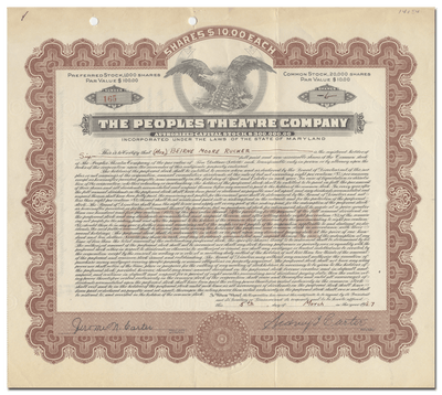 Peoples Theatre Company Stock Certificate