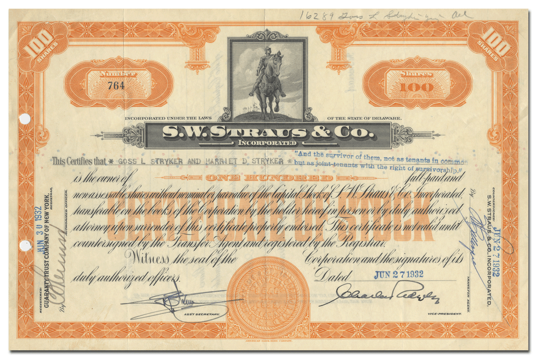 S. W. Straus & Co. Incorporated Stock Certificate