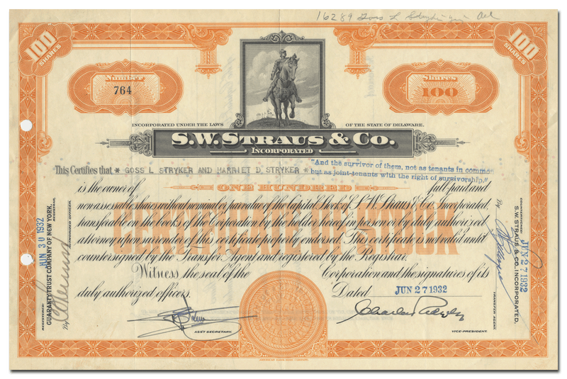 S. W. Straus & Co. Incorporated Stock Certificate