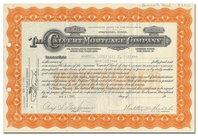 Calvert Mortgage Company Stock Certificate